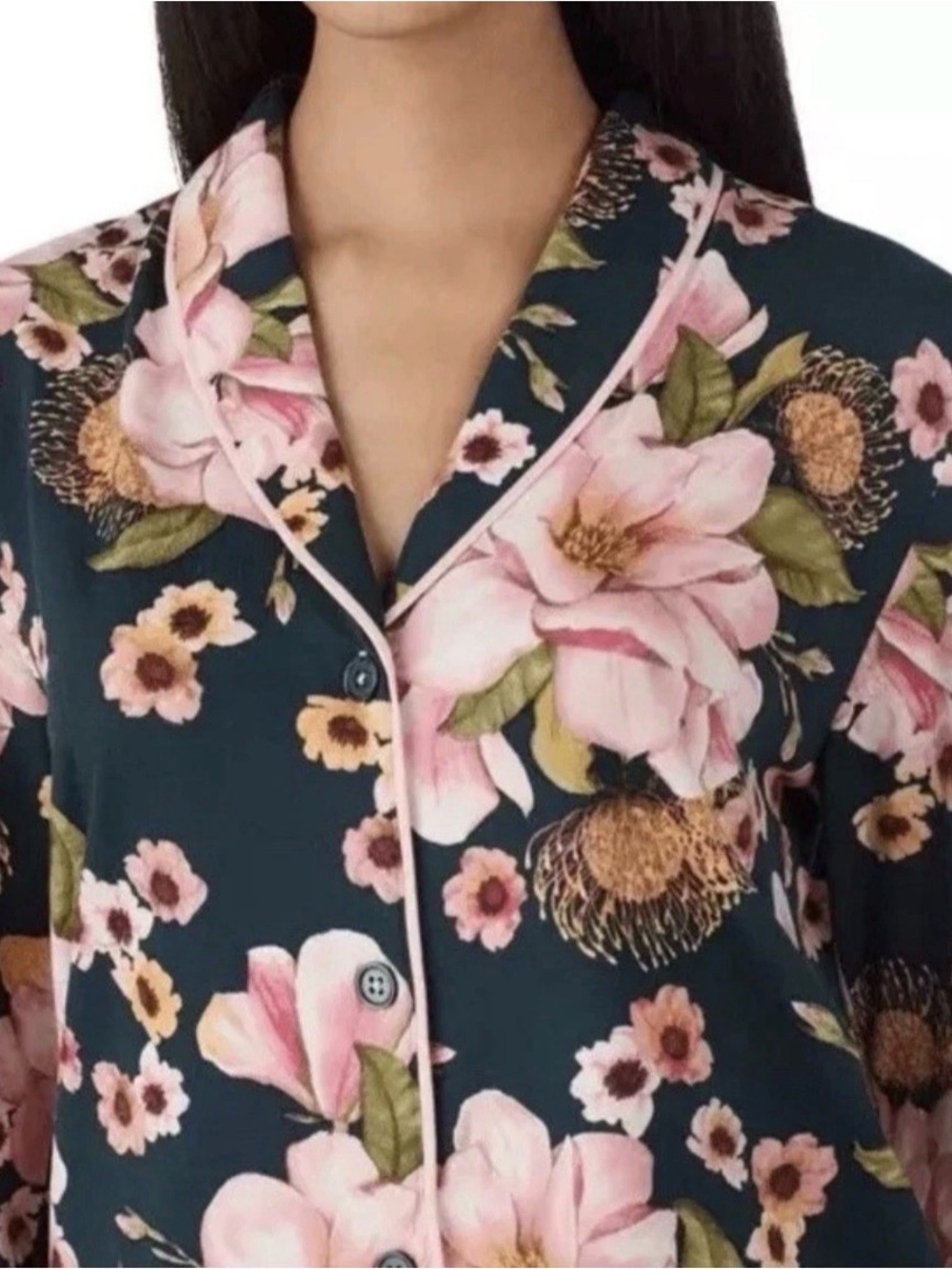Room Service Floral Pajama Shirt Top Medium Blue Pink Long Sleeve Button Up Soft